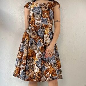 Retrolicious Cat Print Dress - Brown and Gray